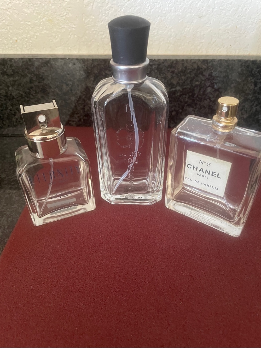 3 EMPTY BOTTLES Eternity for Men-Lucky Brand/Lucky Me—Chanel #5 Eau de perfume.